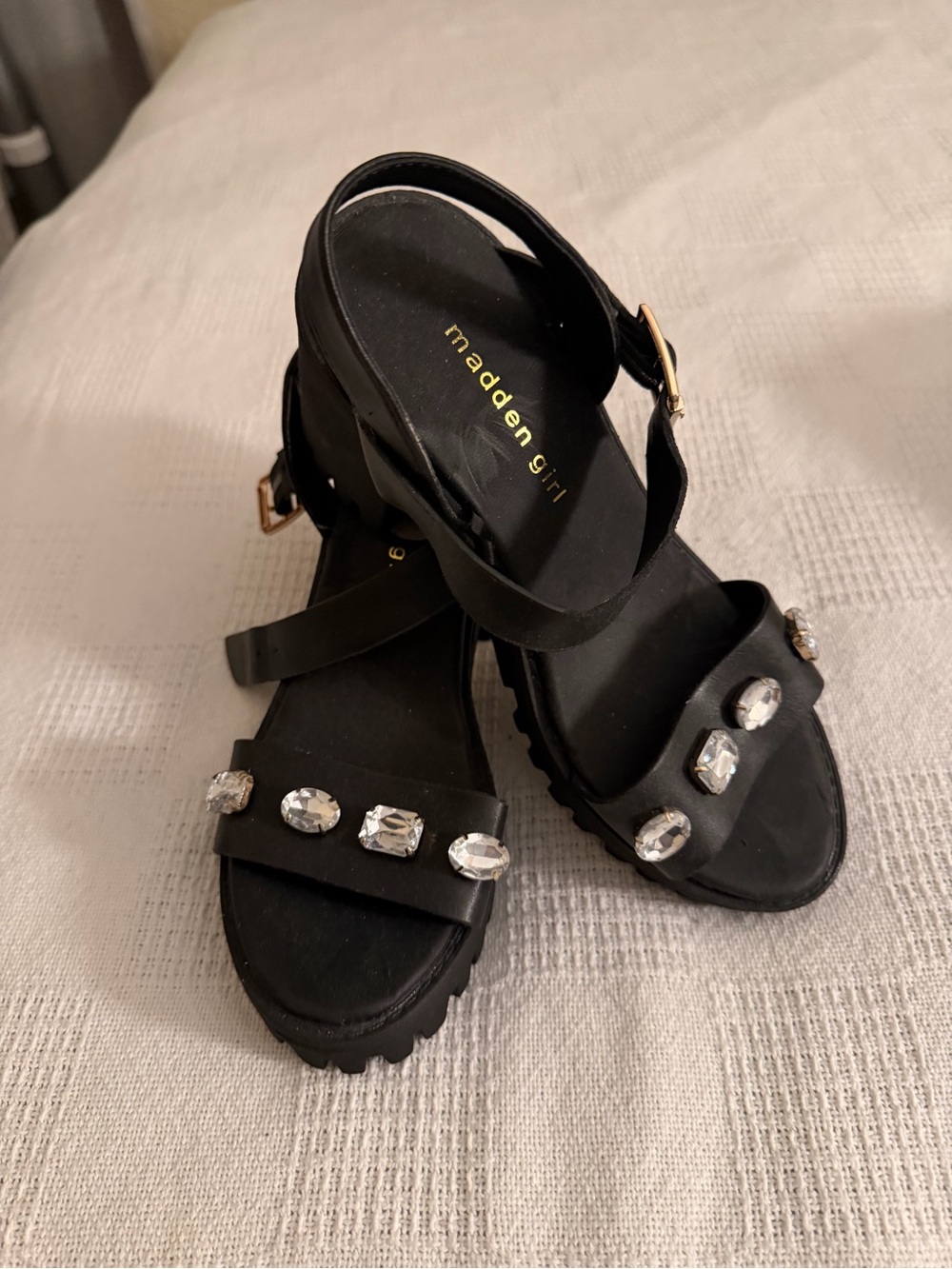 Madden Girl Black Jeweled Platform Sandals